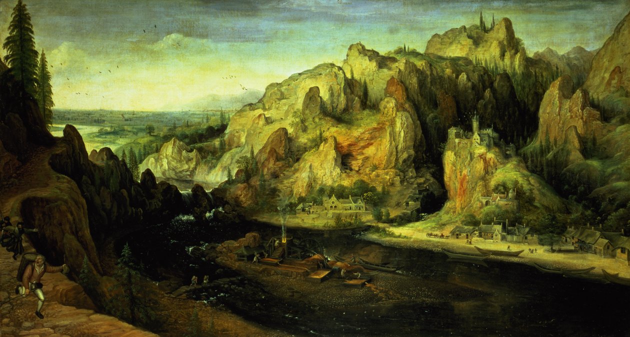 Berglandschap met een verrassingsaanval, c.1585 door Lucas van Valckenborch