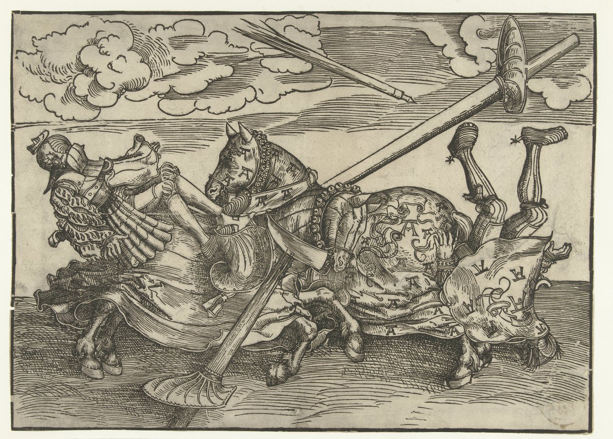 Duits toernooi met twee edelmannen als ridders te paard door Lucas Cranach