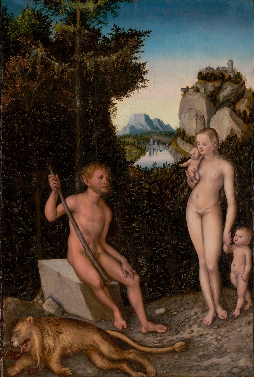 Een Faun en zijn familie met een gedode leeuw door Lucas Cranach the Elder