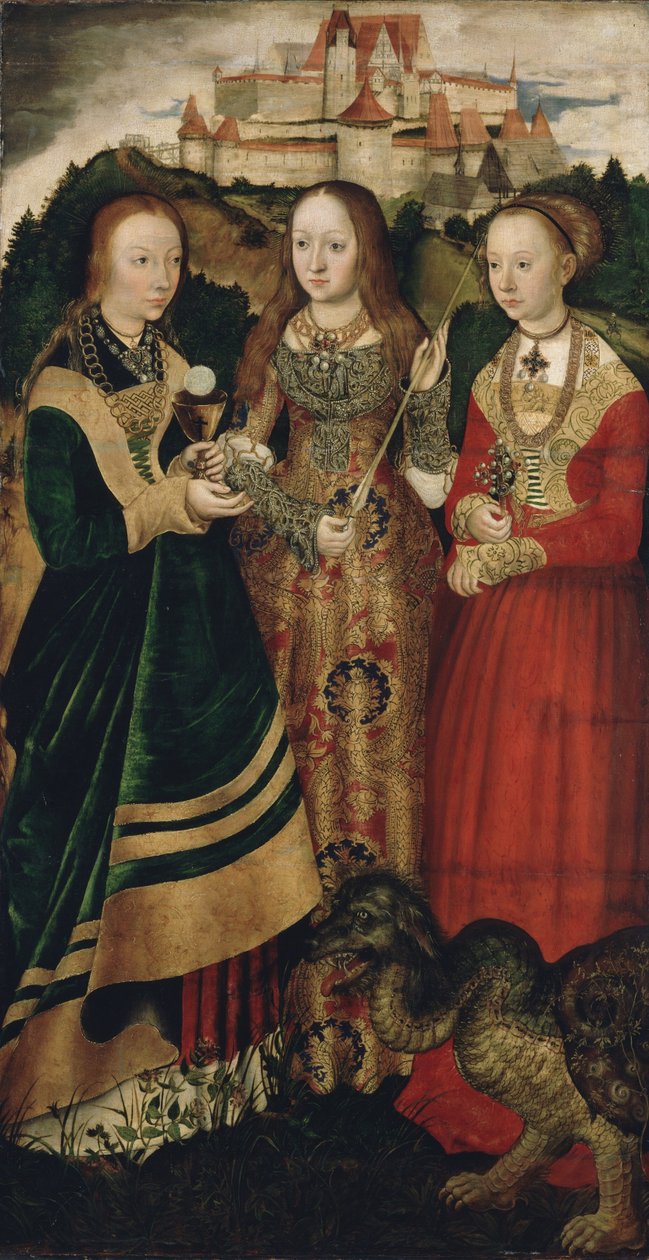 Altaarstuk met het martelaarschap van Sint Catharina, rechtervleugel: De Heilige Barbara, Ursula en Margaretha door Lucas Cranach the Elder