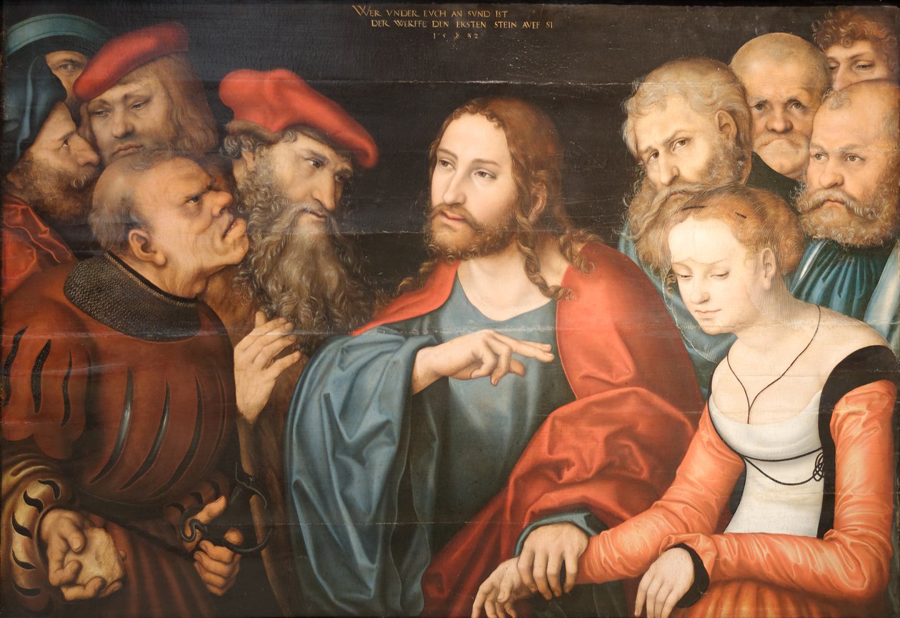 Christus en de overspelige vrouw door Lucas Cranach the Elder