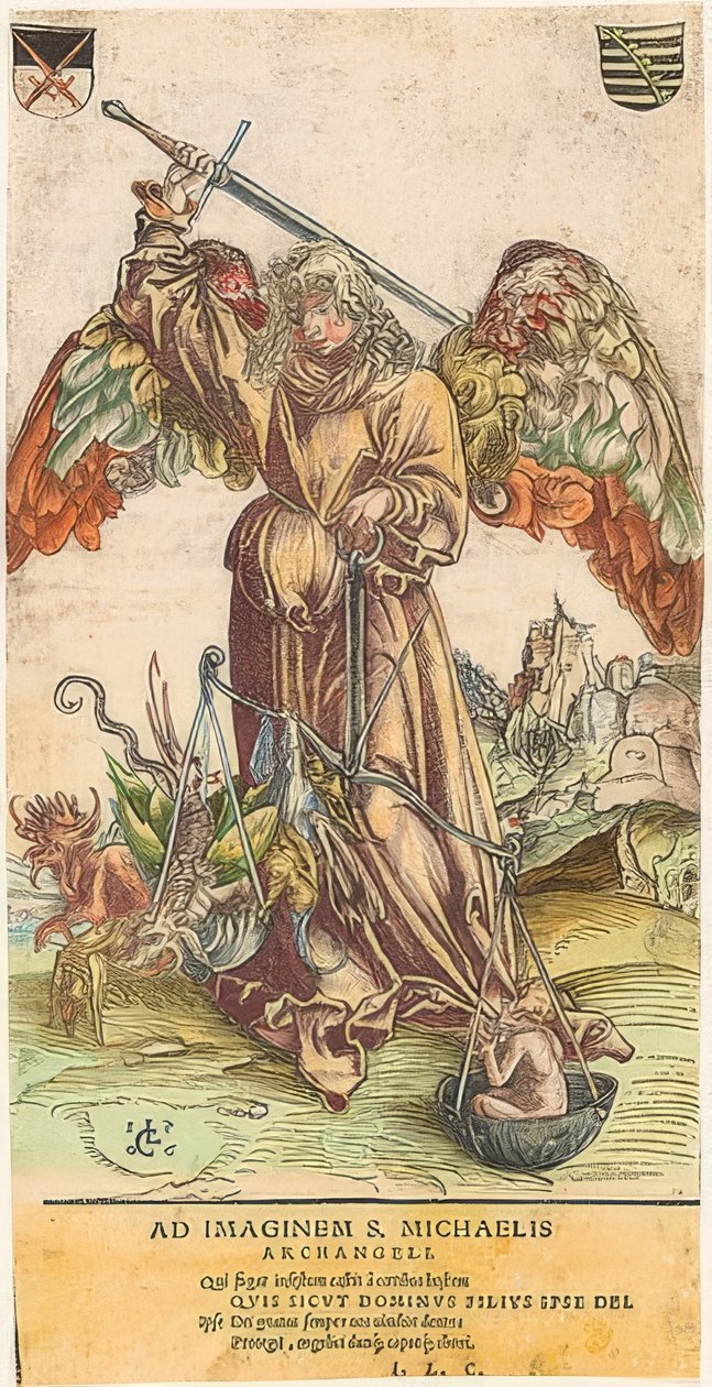 De heilige Michaël als zielenweger door Lucas Cranach the Elder