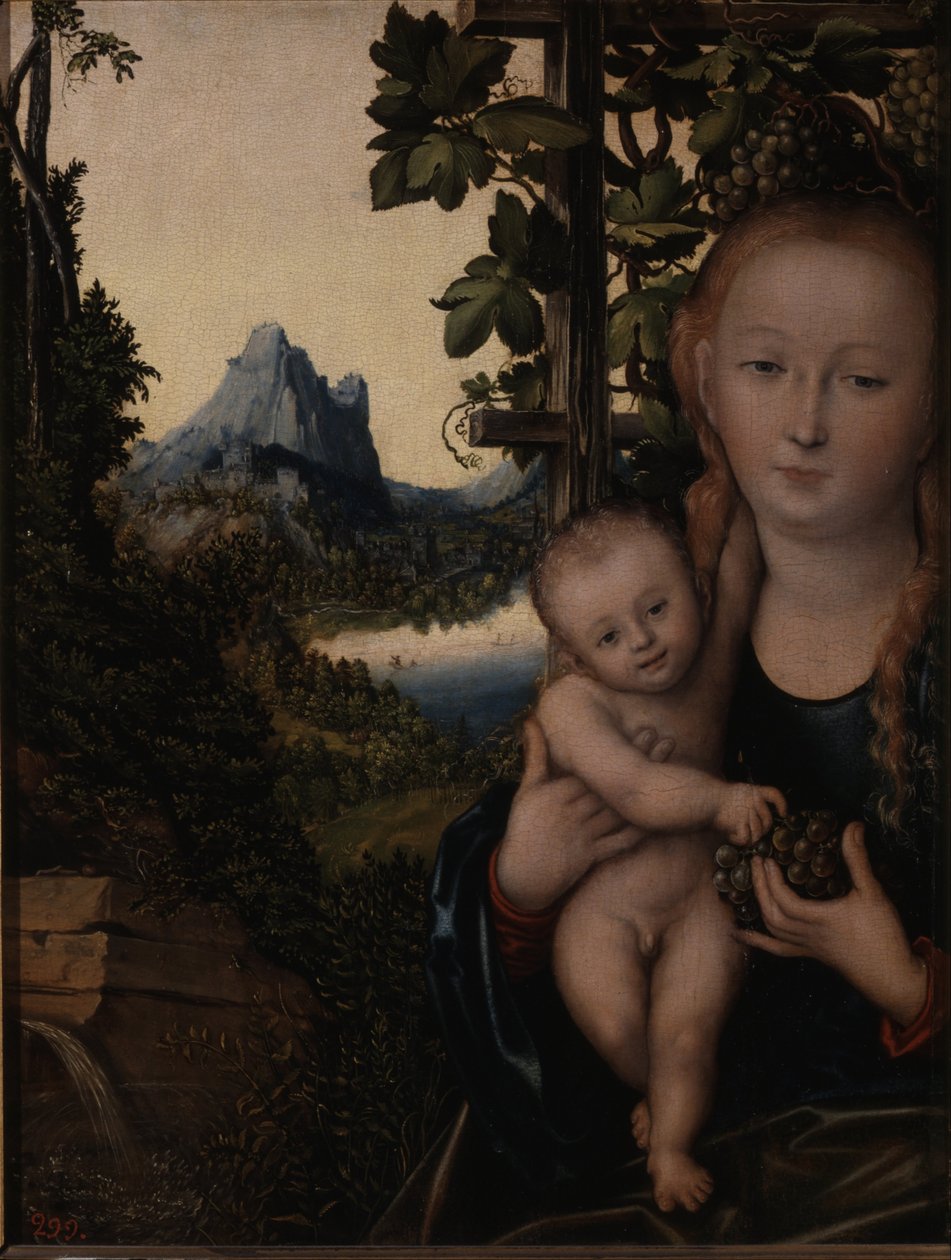 Duits: Die Madonna vor der Weinlaube De maagd in een druivenstruik door Lucas Cranach the Elder