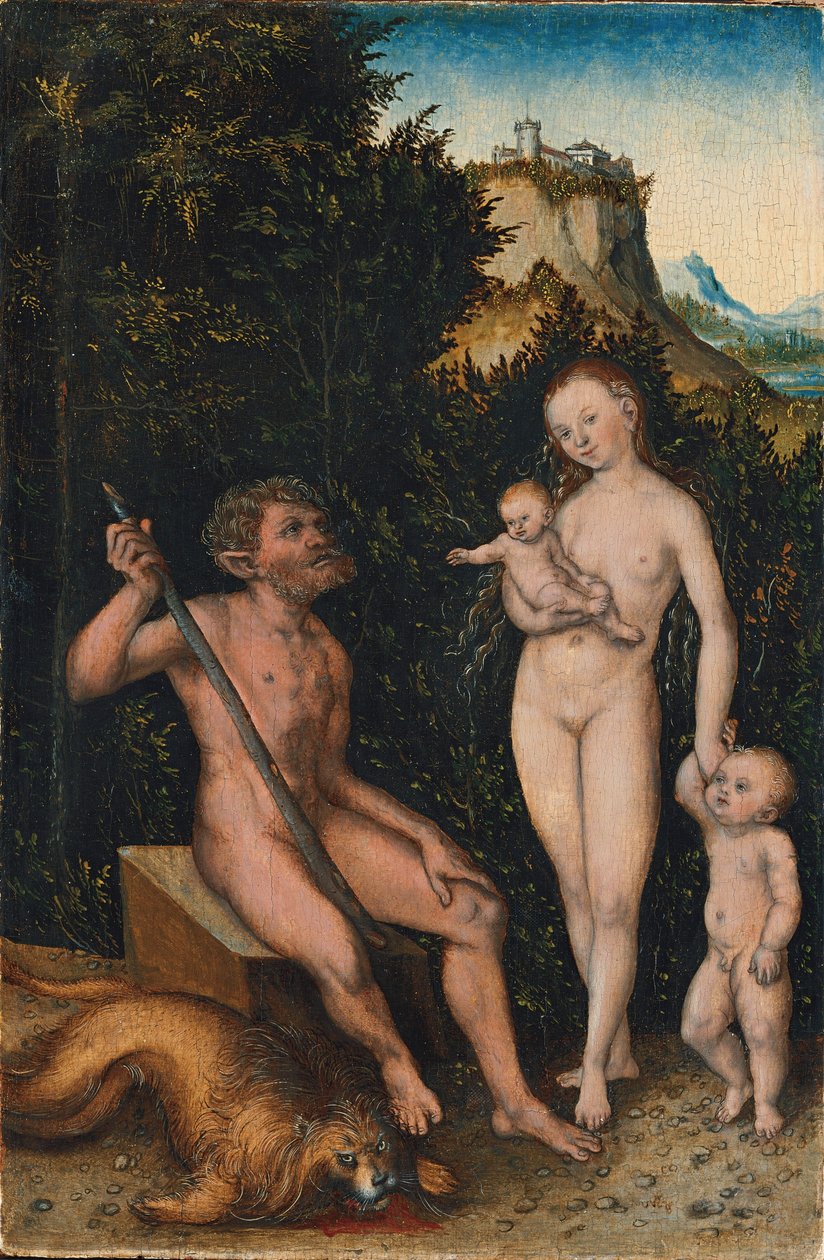Duits: Familie der Naturmenschen / Faunenfamilie Familie van Wildemannen / Familie van Faunen door Lucas Cranach the Elder