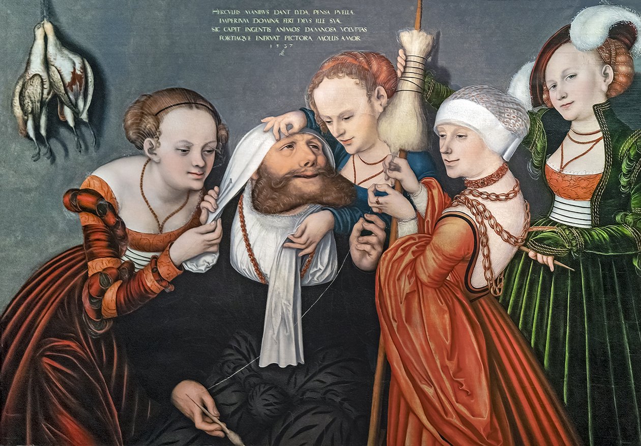 Duits: Herkules bei Omphale Hercules aan het hof van Omphale door Lucas Cranach the Elder