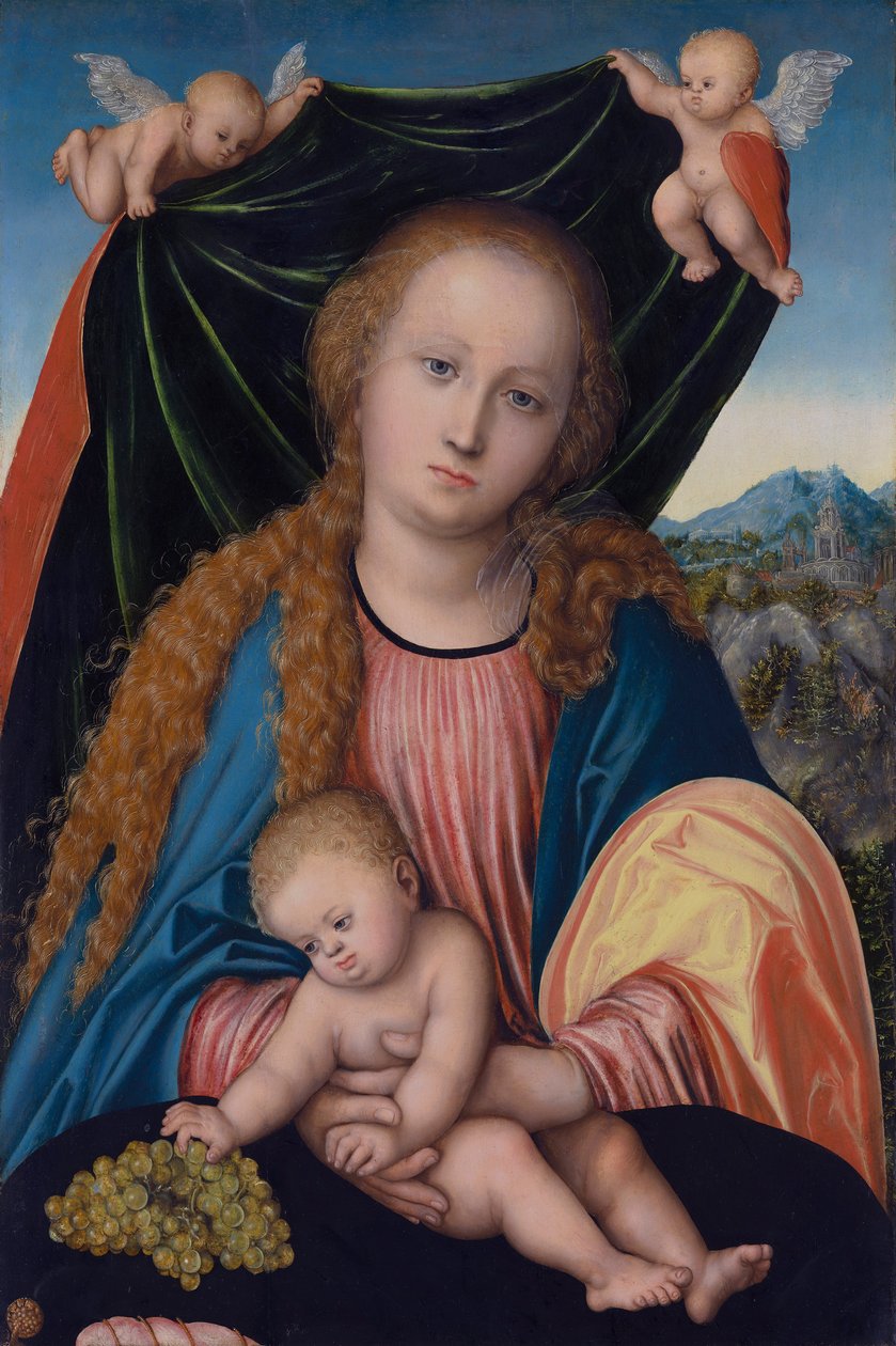 Duits: Madonna met kind en druiven, Twee engelen die een gordijn vasthouden Maagd en kind door Lucas Cranach the Elder