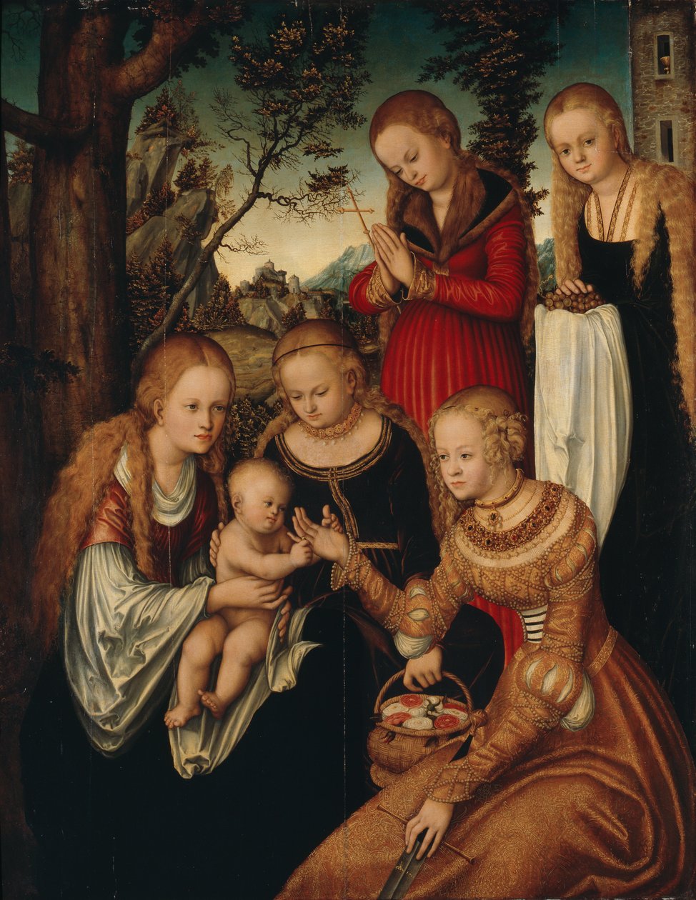 Duits: Maria mit dem Jesusknaben und den Heiligen Katharina, Dorothea, Margaretha und Barbara (Sogenannte 