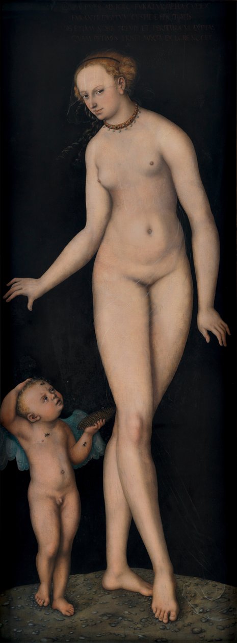 Duits: Venus mit Amor als Honigdieb vor schwarzem Grund Venus met Cupido als honingdief tegen een zwarte achtergrond door Lucas Cranach the Elder