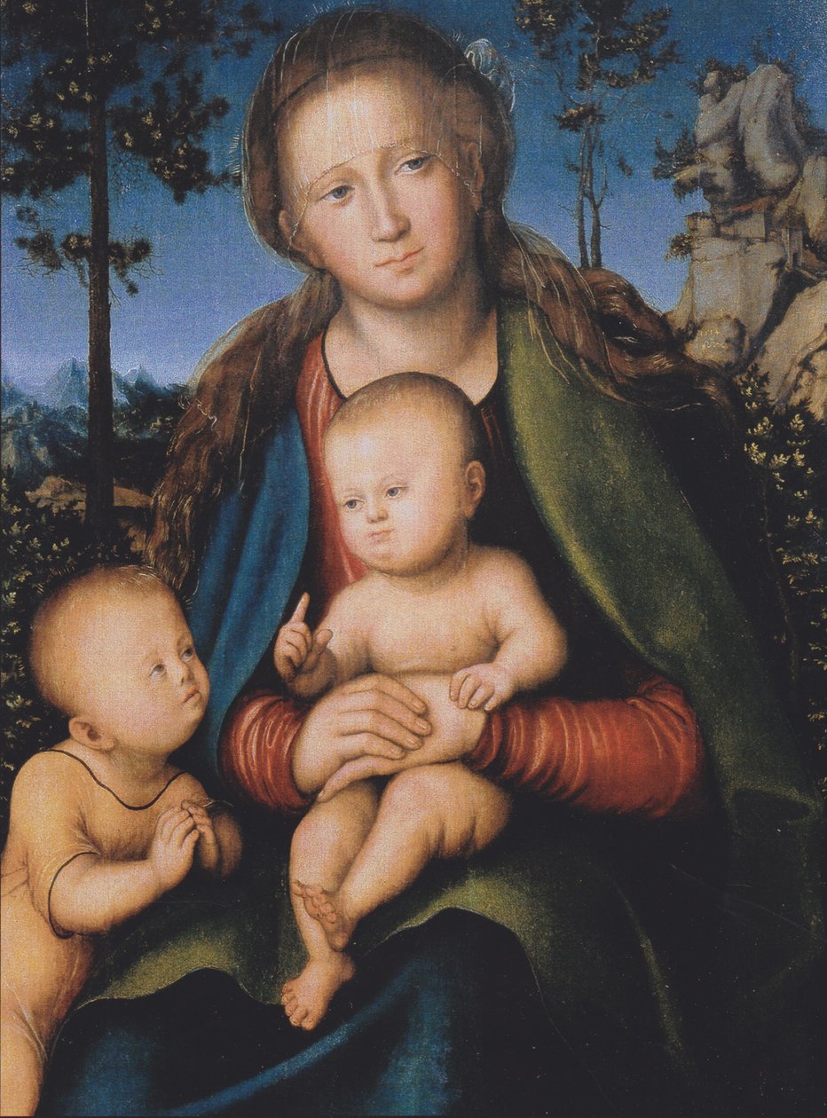 Madonna met Kind en Sint Johannes door Lucas Cranach the Elder