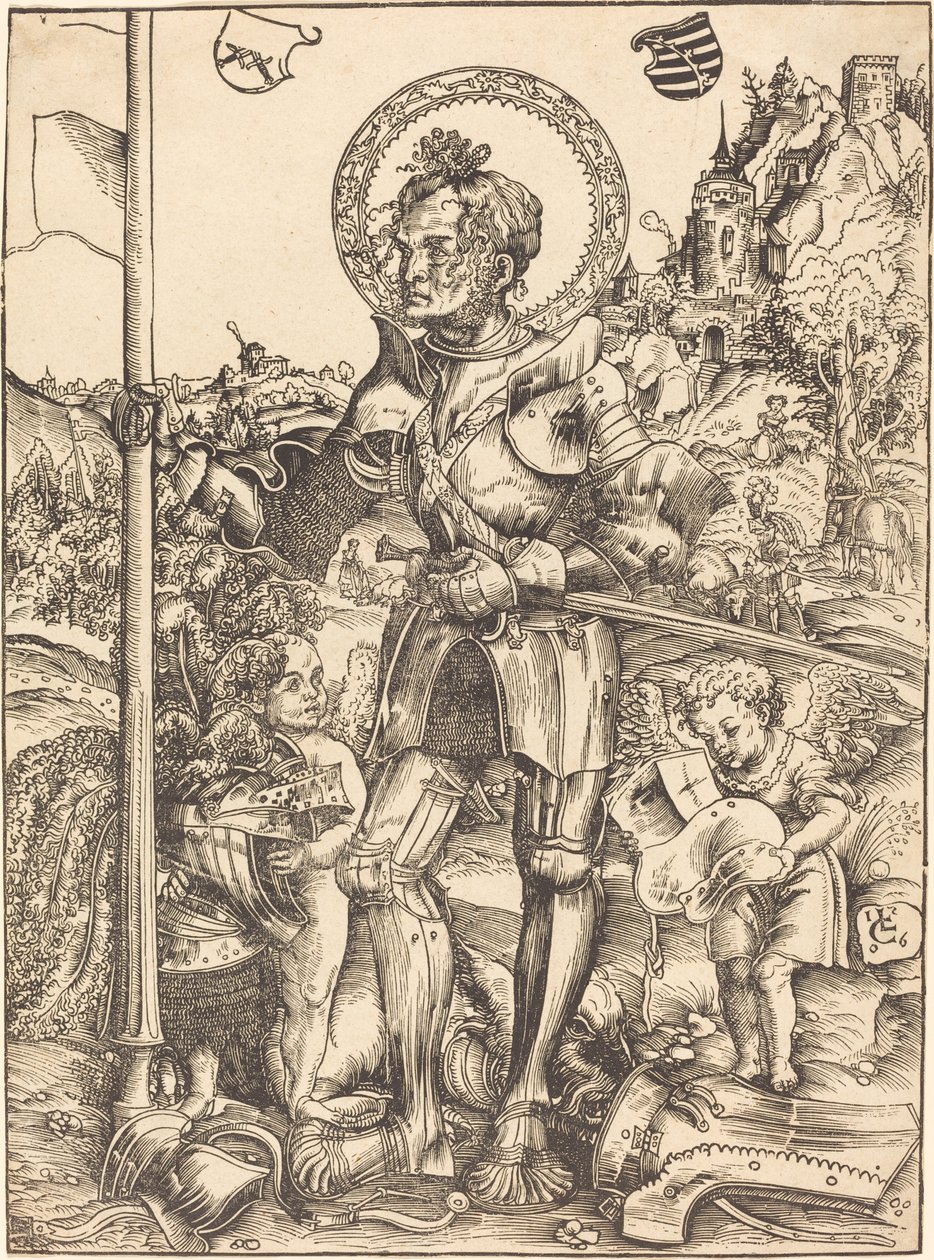 Sint-Joris staand, met twee engelen door Lucas Cranach the Elder
