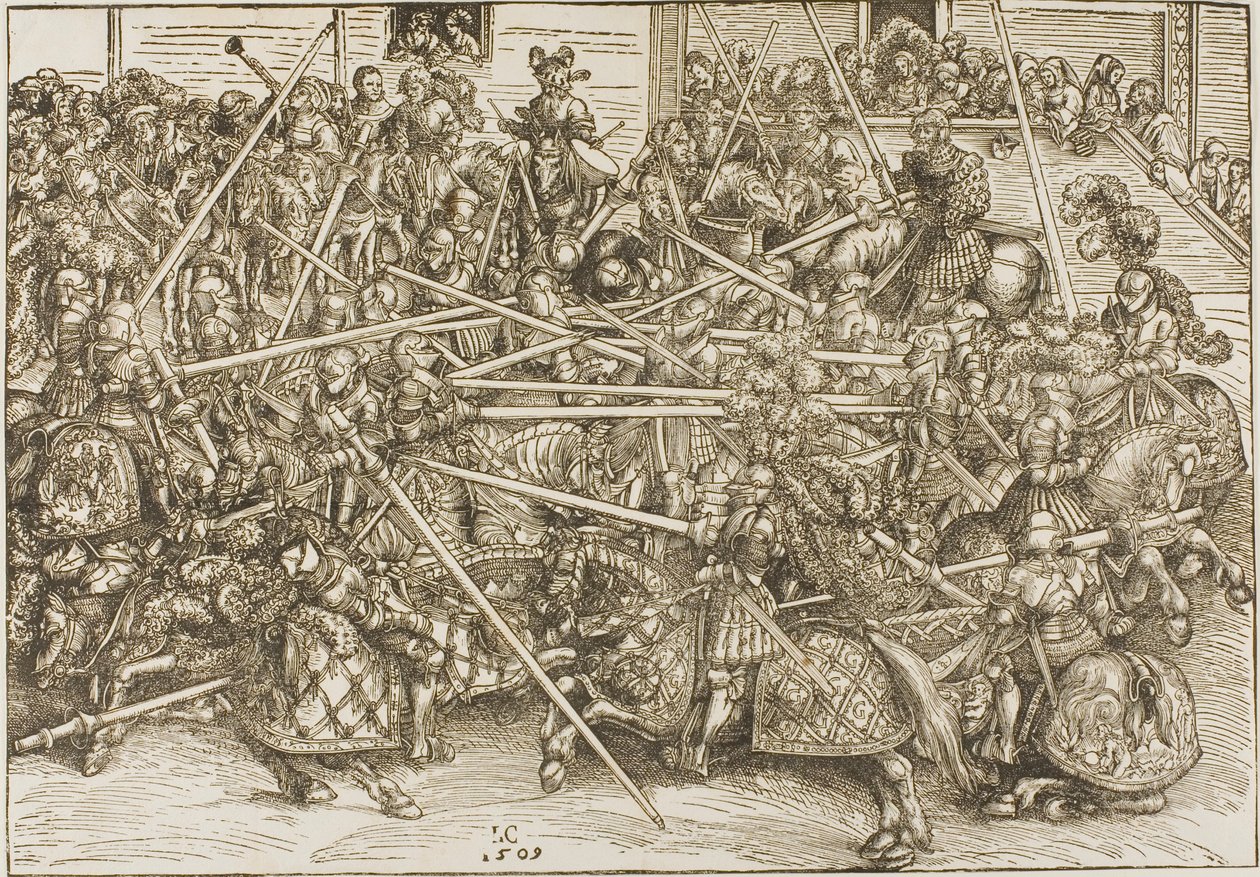 Het derde toernooi, met ridders die lansen breken door Lucas Cranach the Elder