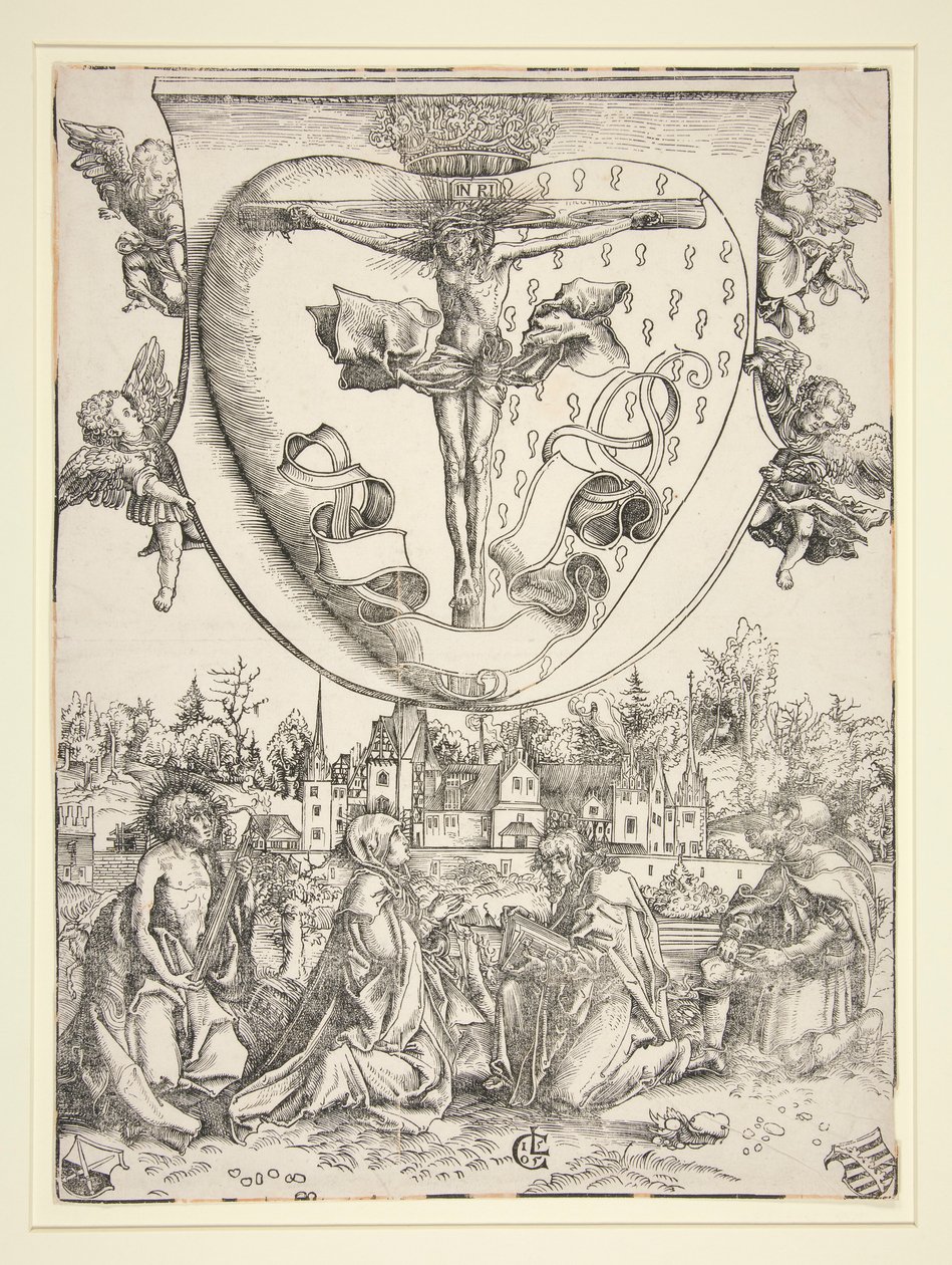 De Maagd, Sint Jan, Sint Laurentius en Sint Rochus met de wapens van het Heilig Hart door Lucas Cranach the Elder