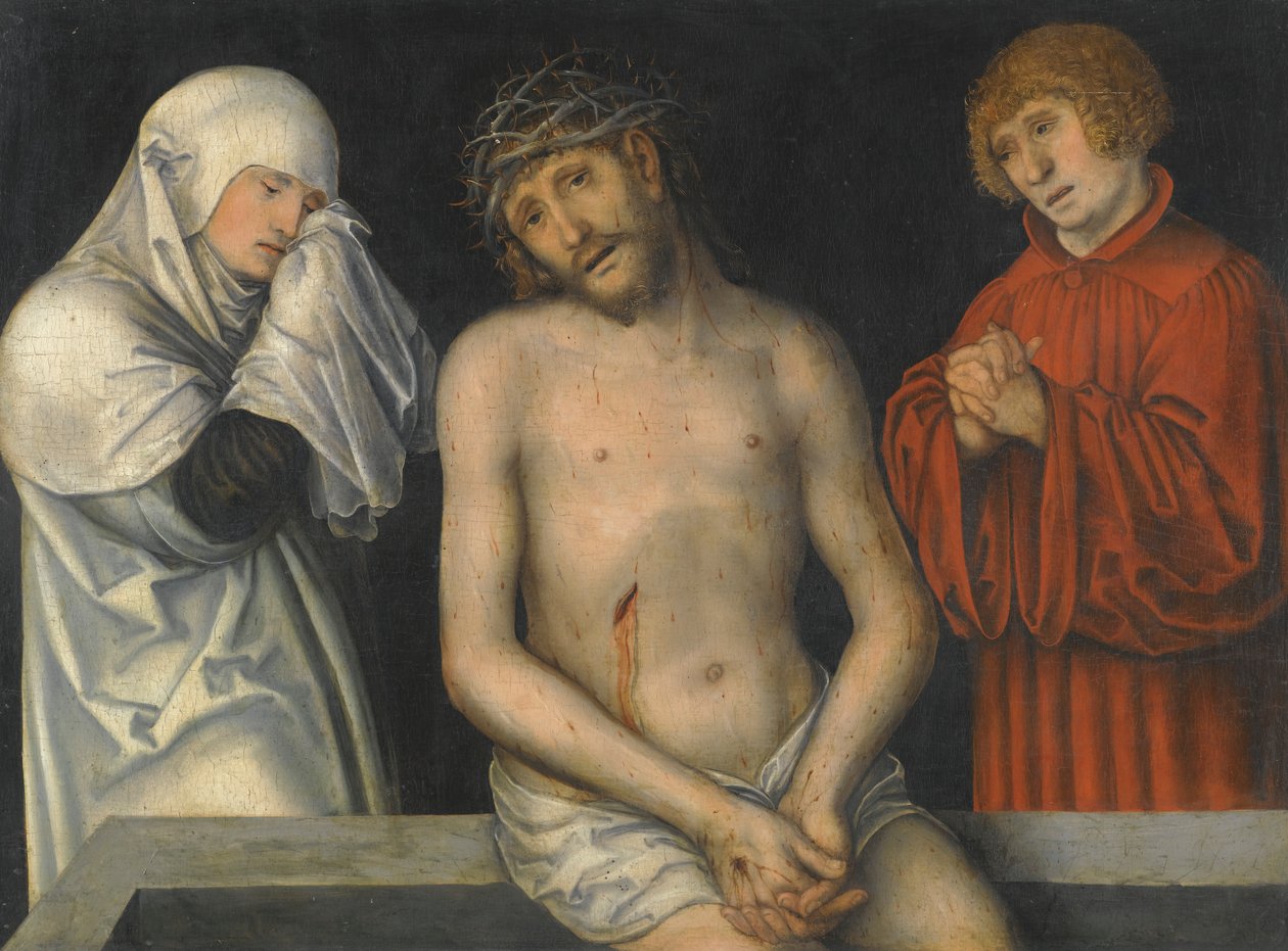Duits: Der Schmerzensmann zwischen Maria und Johannes Man van Smarten geflankeerd door de Maagd en Johannes door Lucas Cranach the Younger
