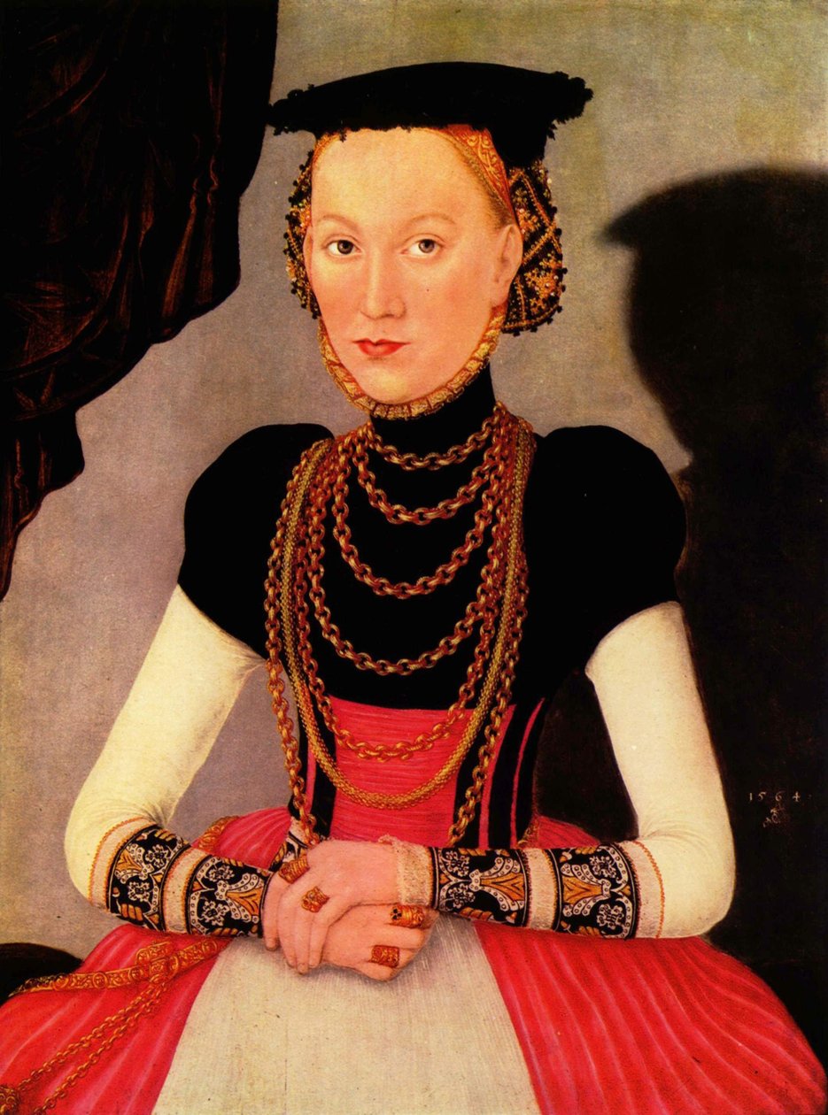 Duits: Weibliches Bildnis / Bildnis einer Frau (eine geborene Hoffmann aus Leipzig) Vrouwenportret / Portret van een vrouw (een geboren Hoffmann uit Leipzig) door Lucas Cranach the Younger