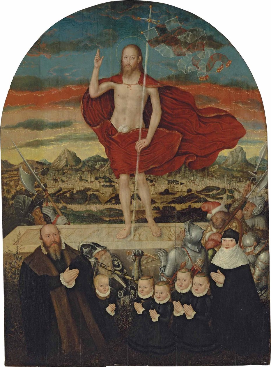 De herrezen Christus met een donorgezin door Lucas Cranach the Younger