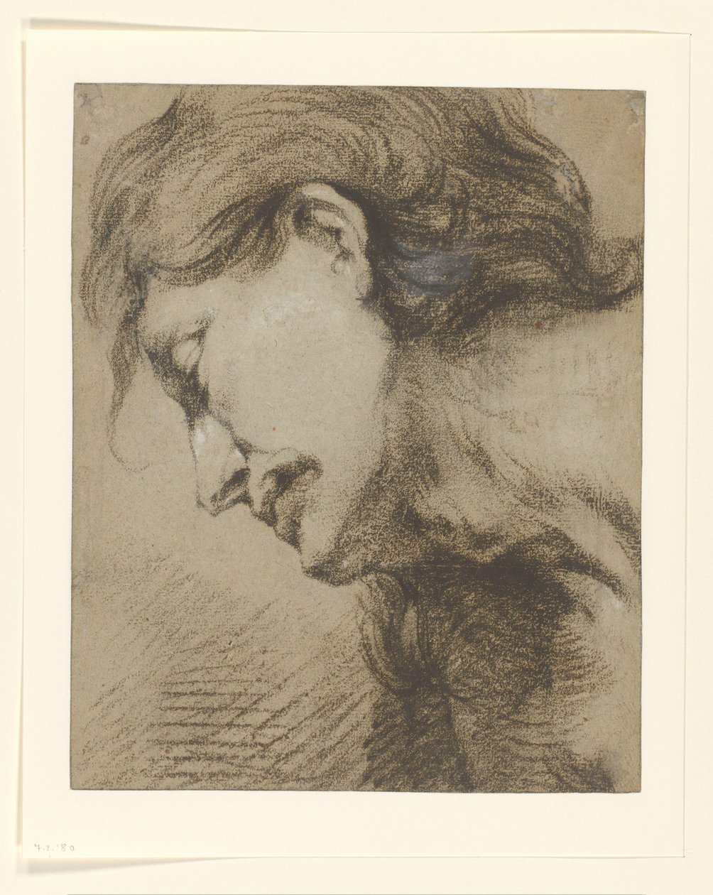Manskop met lang haar, omlaag kijkend naar links door Lucas Franchoys (attributed to)