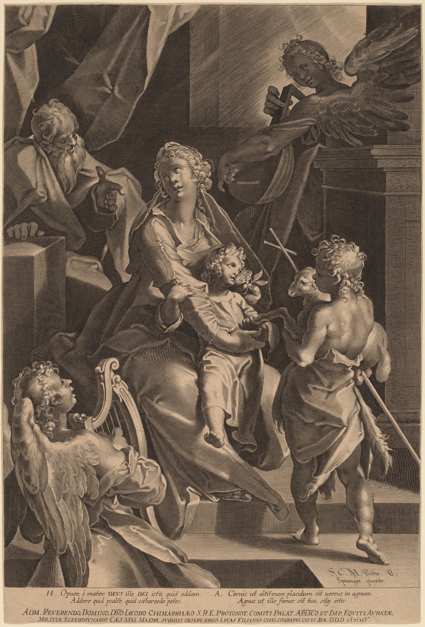 De Heilige Familie en twee engelen door Lucas Kilian, after Bartholomaeus Spranger