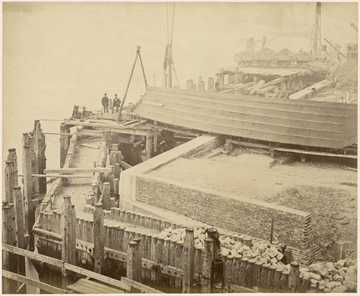 Bouw van het uitgebreide Limehouse Basin, Londen, mei 1869 door Lucas and Tuck