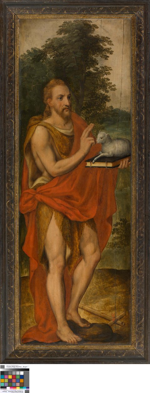 Johannes de Doper (links), Schenker (rechts), Vanitas (gesloten), Lucas de Heere, Museum van Schone Kunsten Gent, S-101, open linker paneel door Lucas de Heere