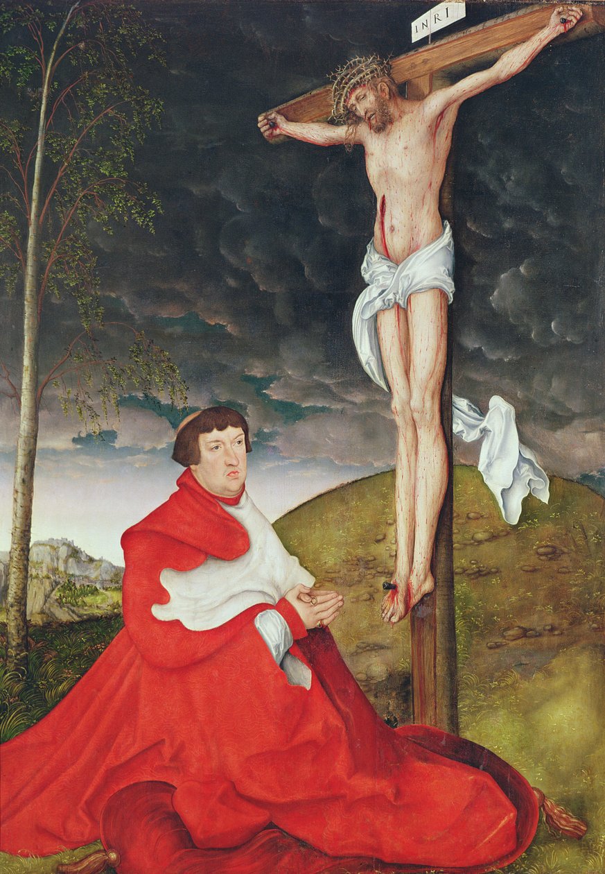 Albert, Kardinaal Keurvorst van Mainz aan de voet van het Kruis door Lucas the Elder Cranach