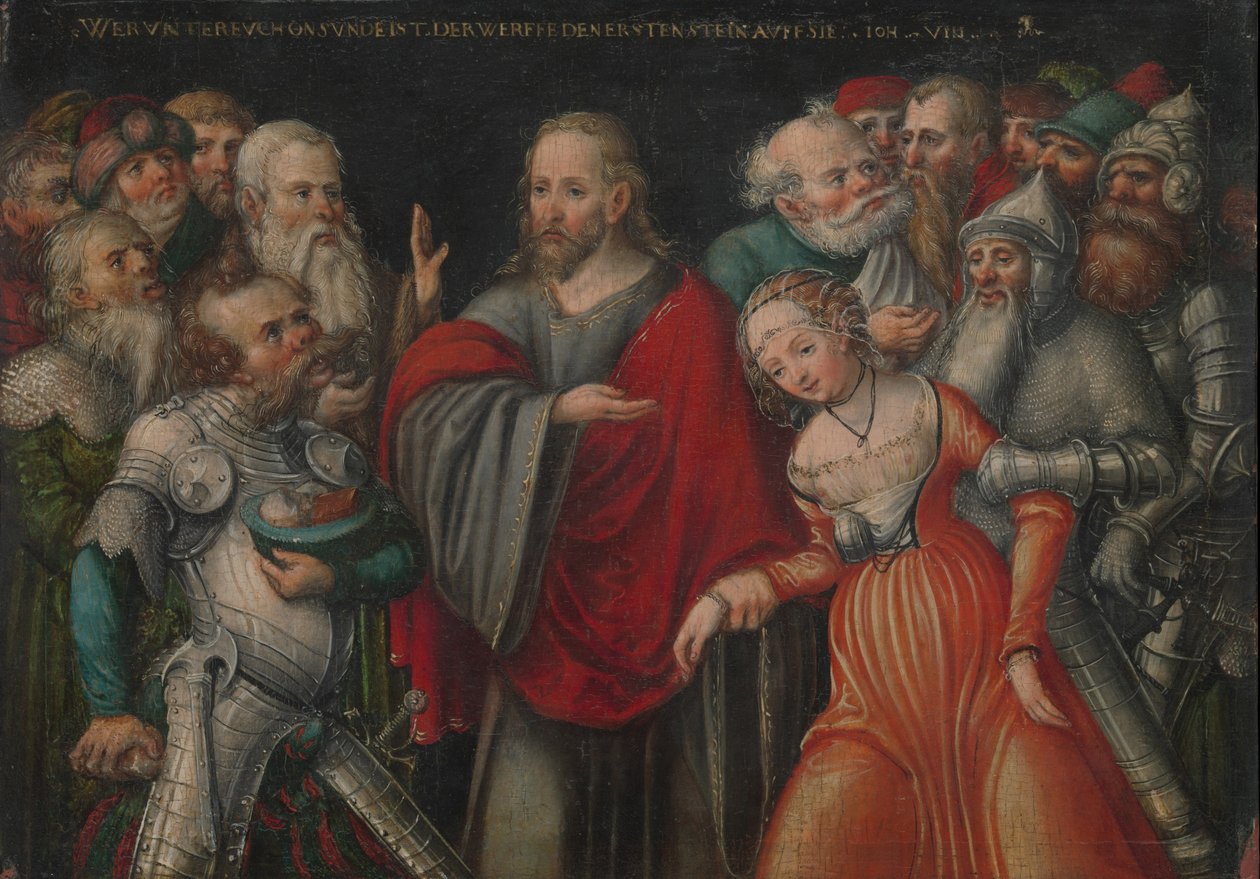 Christus en de Overspelige Vrouw, c.1545-50 door Lucas the Younger studio of Cranach