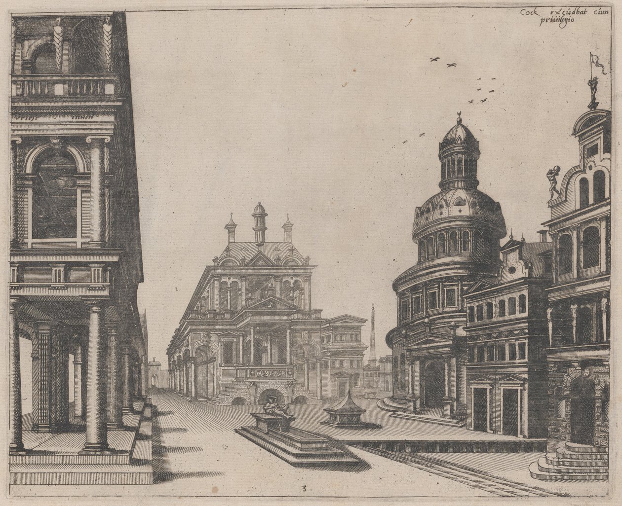 Hoek van een paleis met zuilengang en rond gebouw door Lucas van Doetechum and Johannes