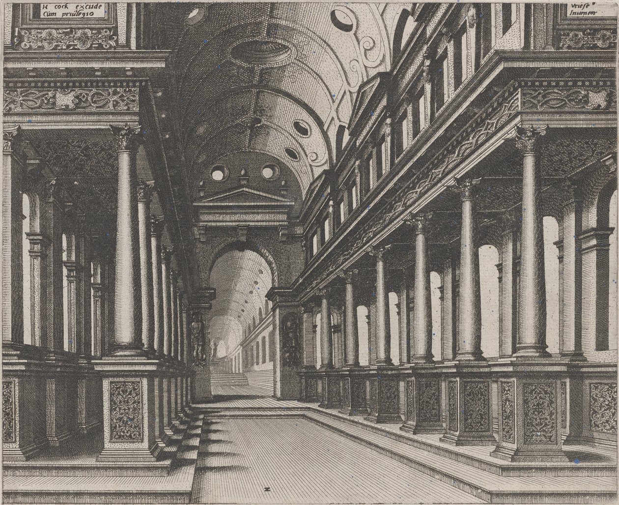 Interieur van een Kerk met een Standbeeld in de Verte door Lucas van Doetechum and Johannes