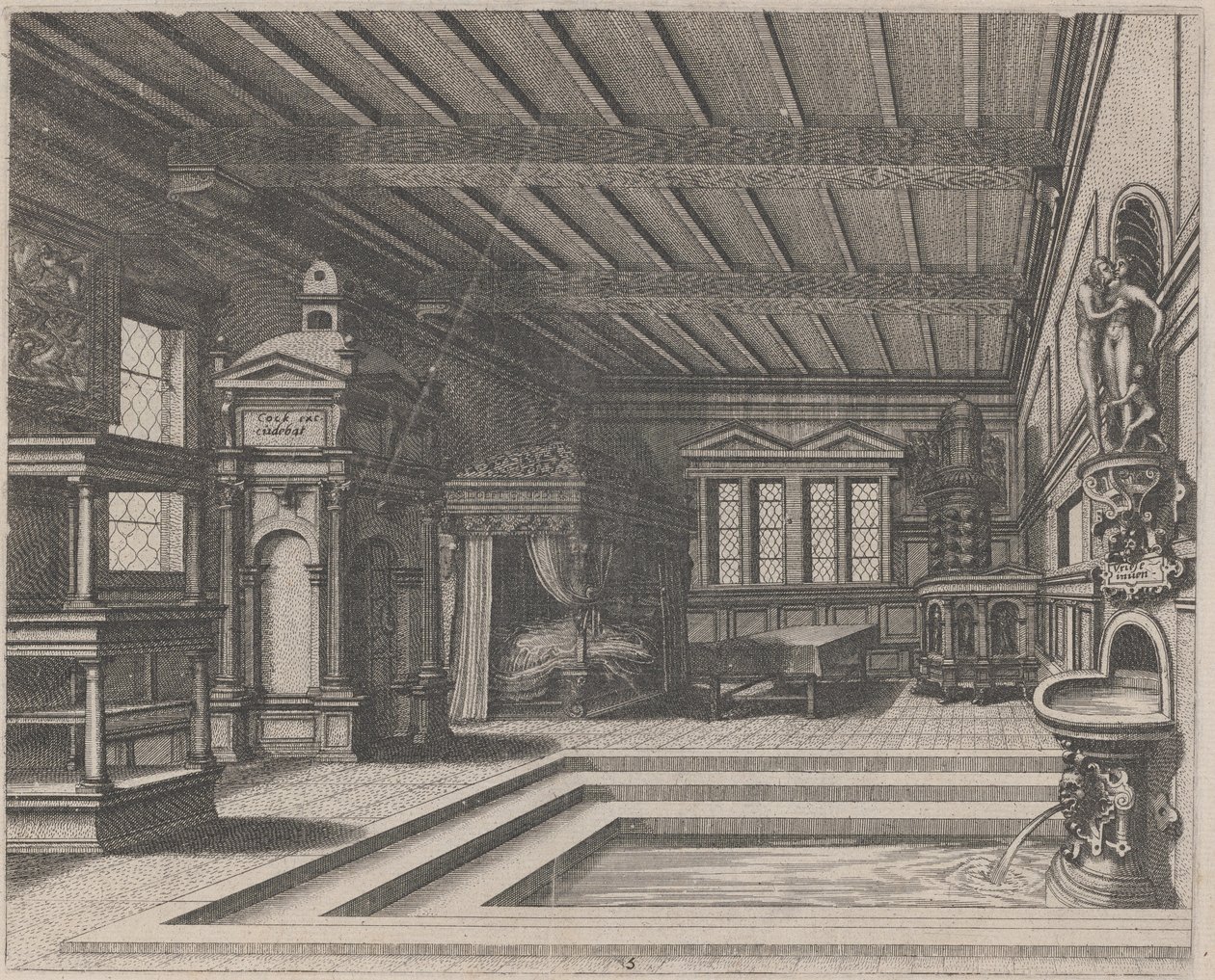 Interieur met Buffet, Ingangsportaal en Hemelbed door Lucas van Doetechum and Johannes