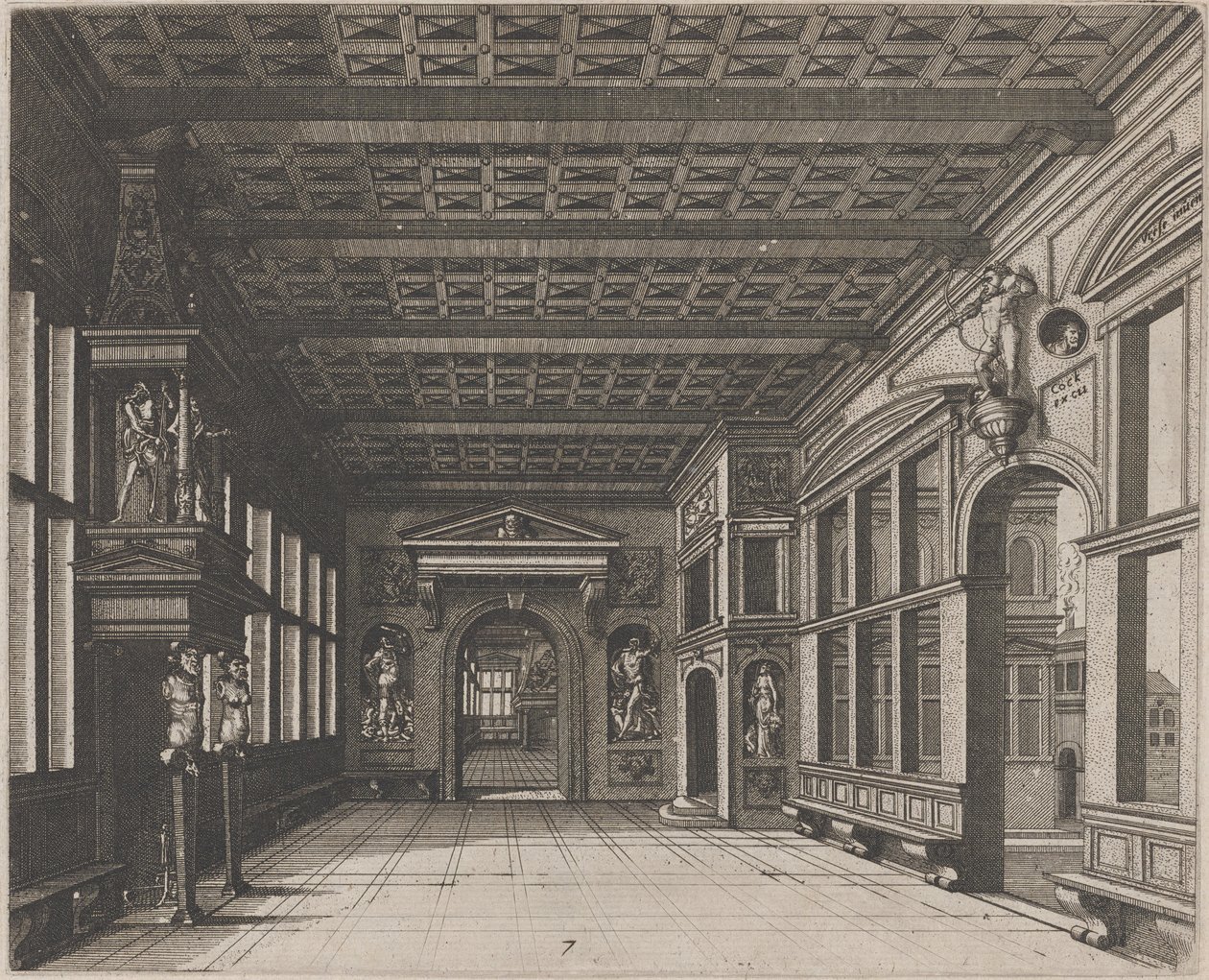 Interieur met uitzicht op een tweede kamer met schoorsteen door Lucas van Doetechum and Johannes