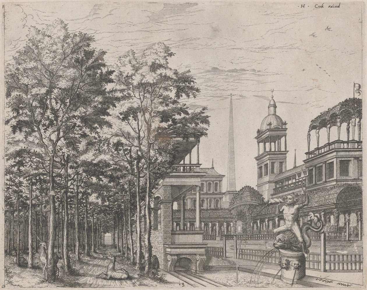 Landschap met Bomen, Twee Herten en een Paleistuin door Lucas van Doetechum and Johannes