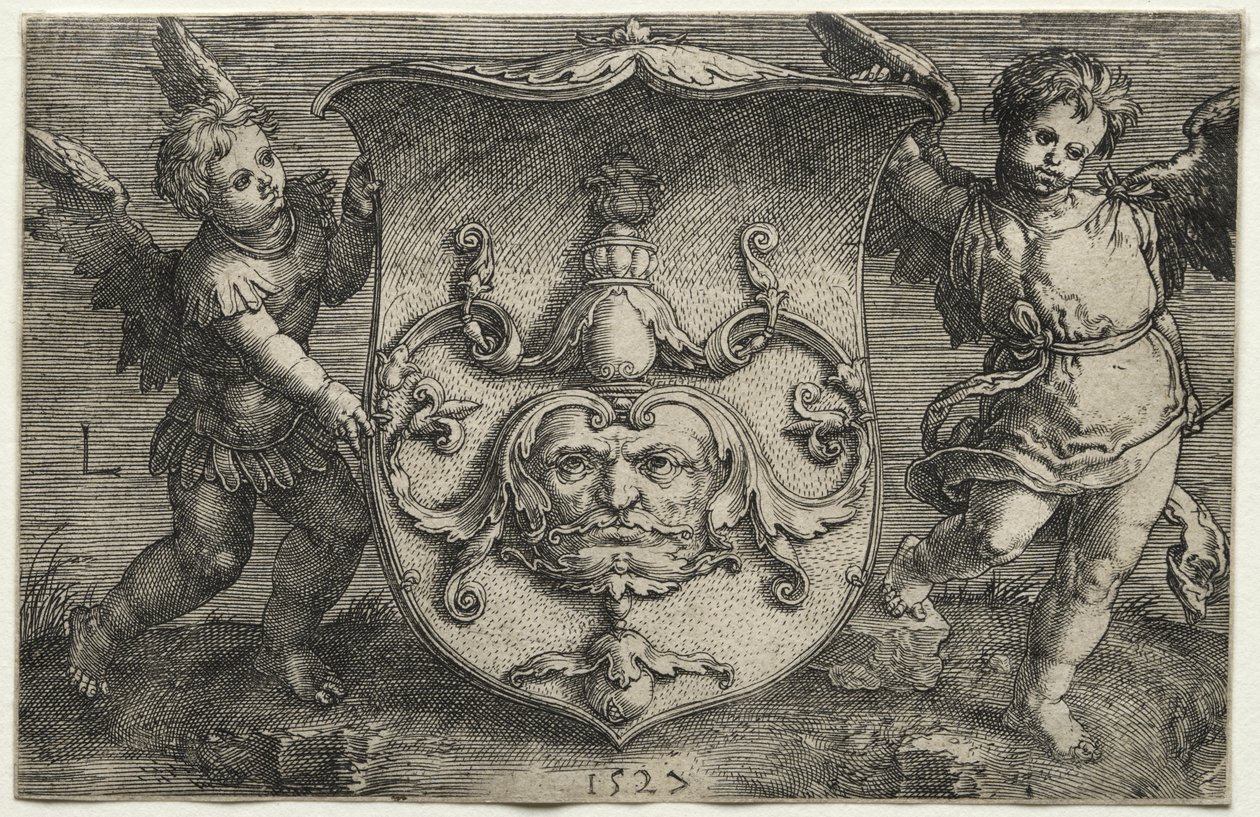 Een Schild met een Masker Ondersteund door Twee Genii door Lucas van Leyden