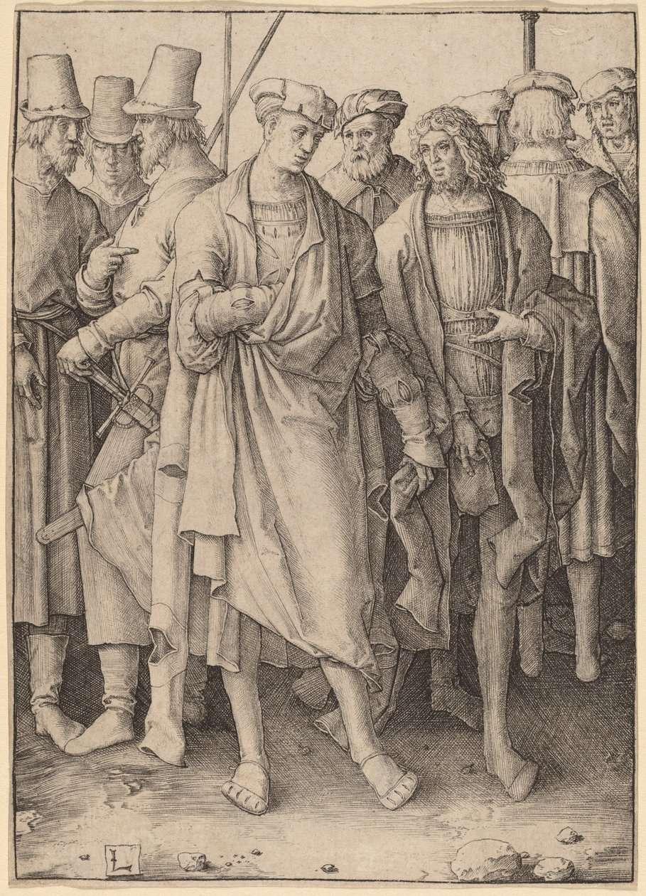 Een jonge man met acht gewapende mannen door Lucas van Leyden
