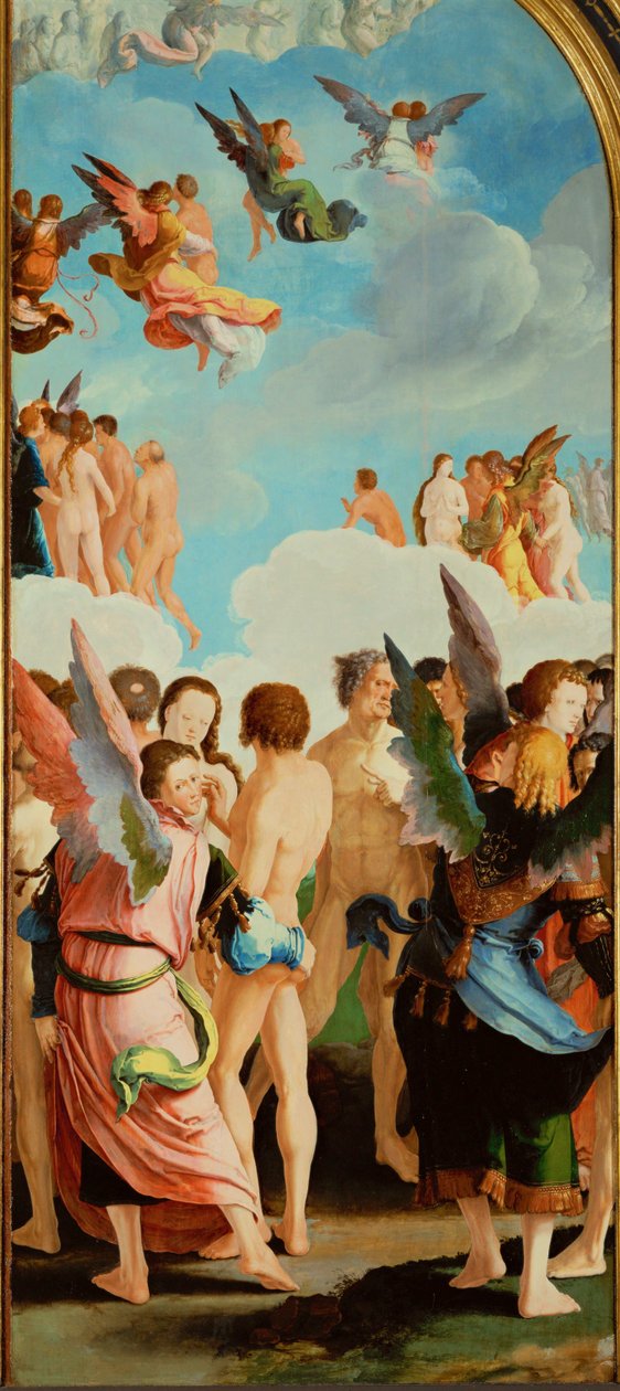 Engelen onder de rechtvaardigen (olieverf op hout) door Lucas van Leyden