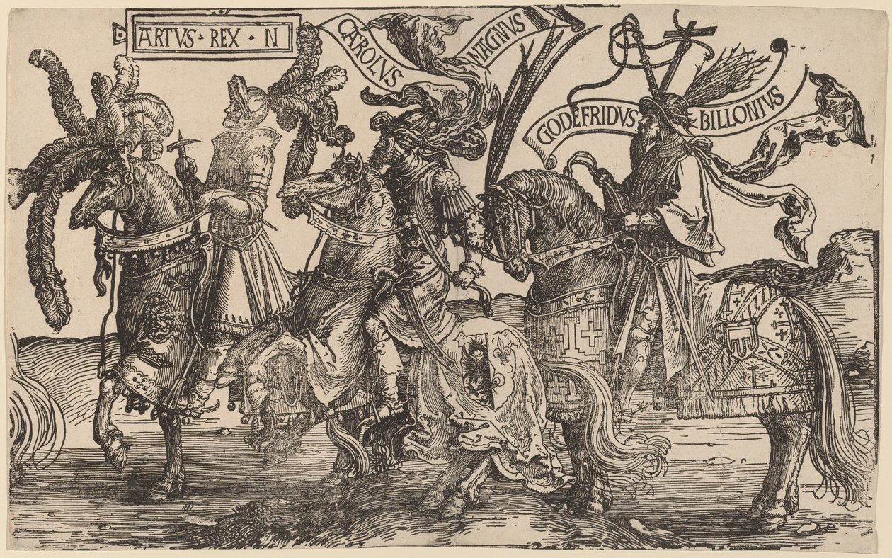 Arthur, Karel de Grote (Charlemagne), Godfried van Bouillon door Lucas van Leyden