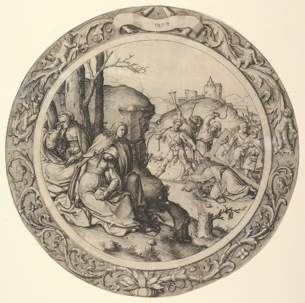 Christus draagt het Kruis, uit de Circulaire Passie, 1509 door Lucas van Leyden