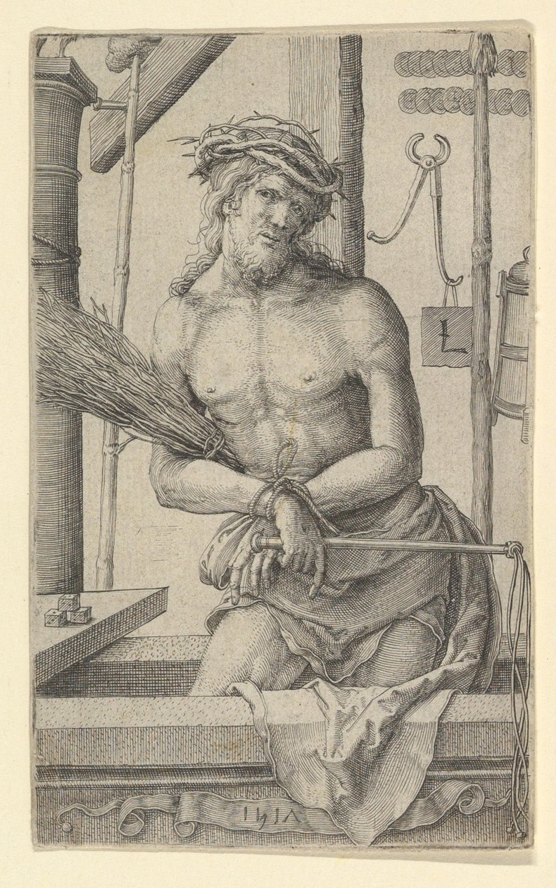 Christus als de Man van Smarten met de Instrumenten van de Passie door Lucas van Leyden