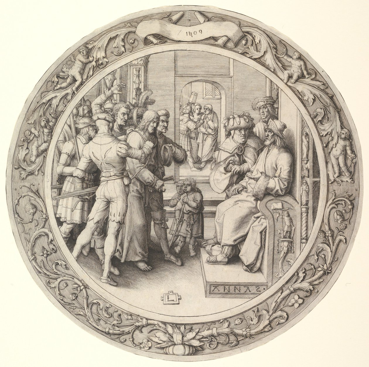 Christus voor Annas, uit de Circulaire Passie, 1509 door Lucas van Leyden
