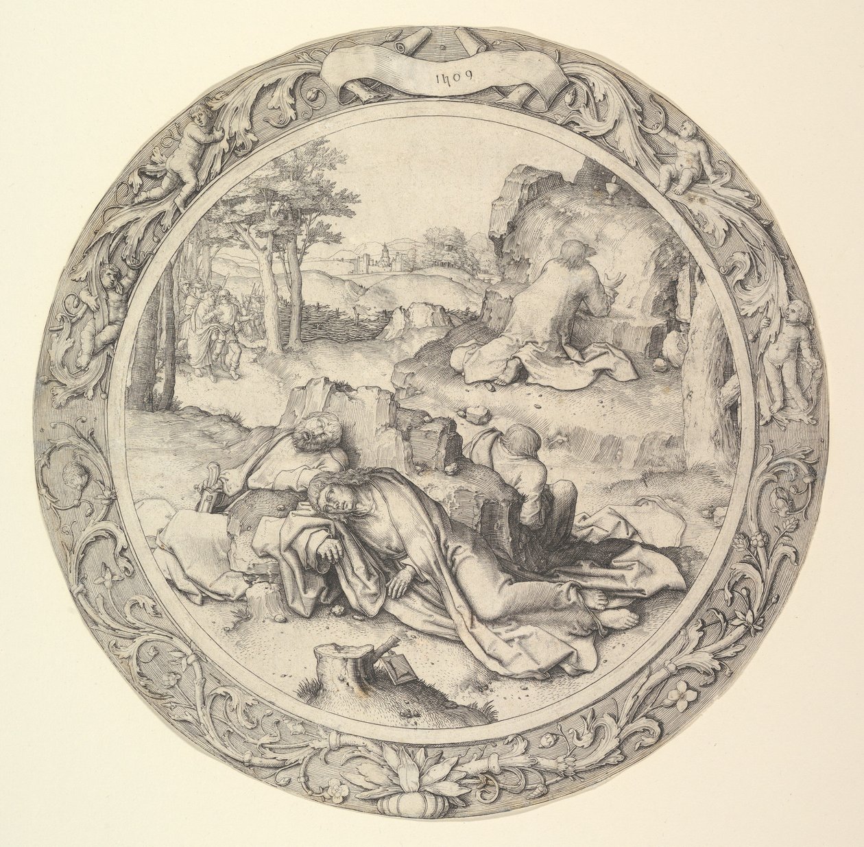 Christus op de Olijfberg, uit de Circulaire Passie, 1509 door Lucas van Leyden