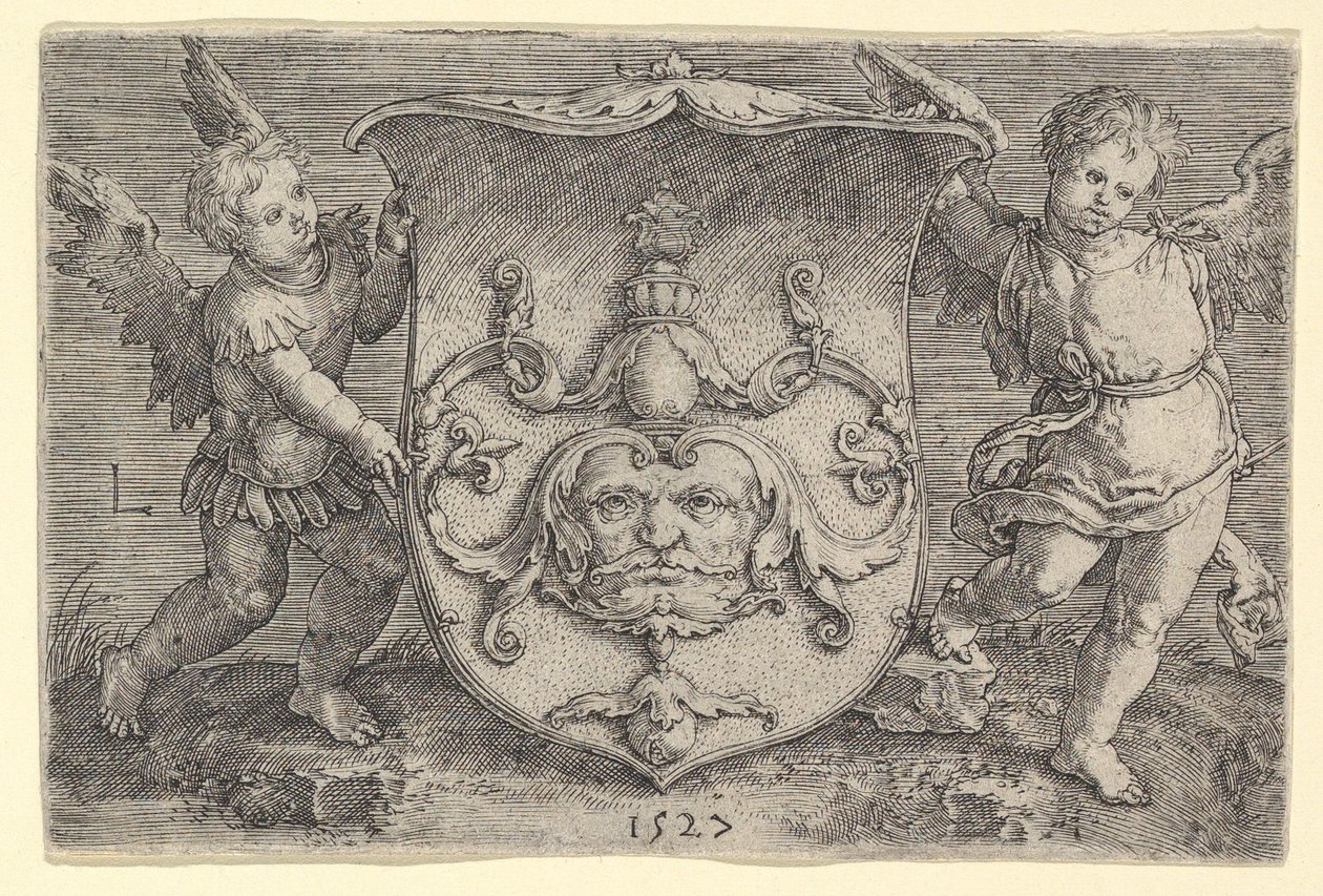 Wapen met een Masker, Gehouden door Twee Genii door Lucas van Leyden