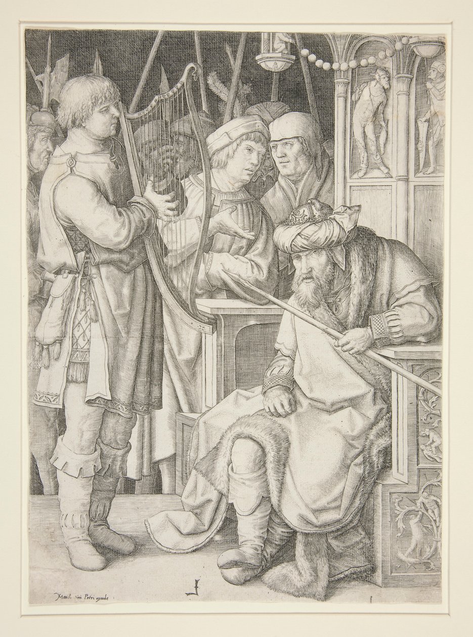 David speelt harp voor Saul door Lucas van Leyden