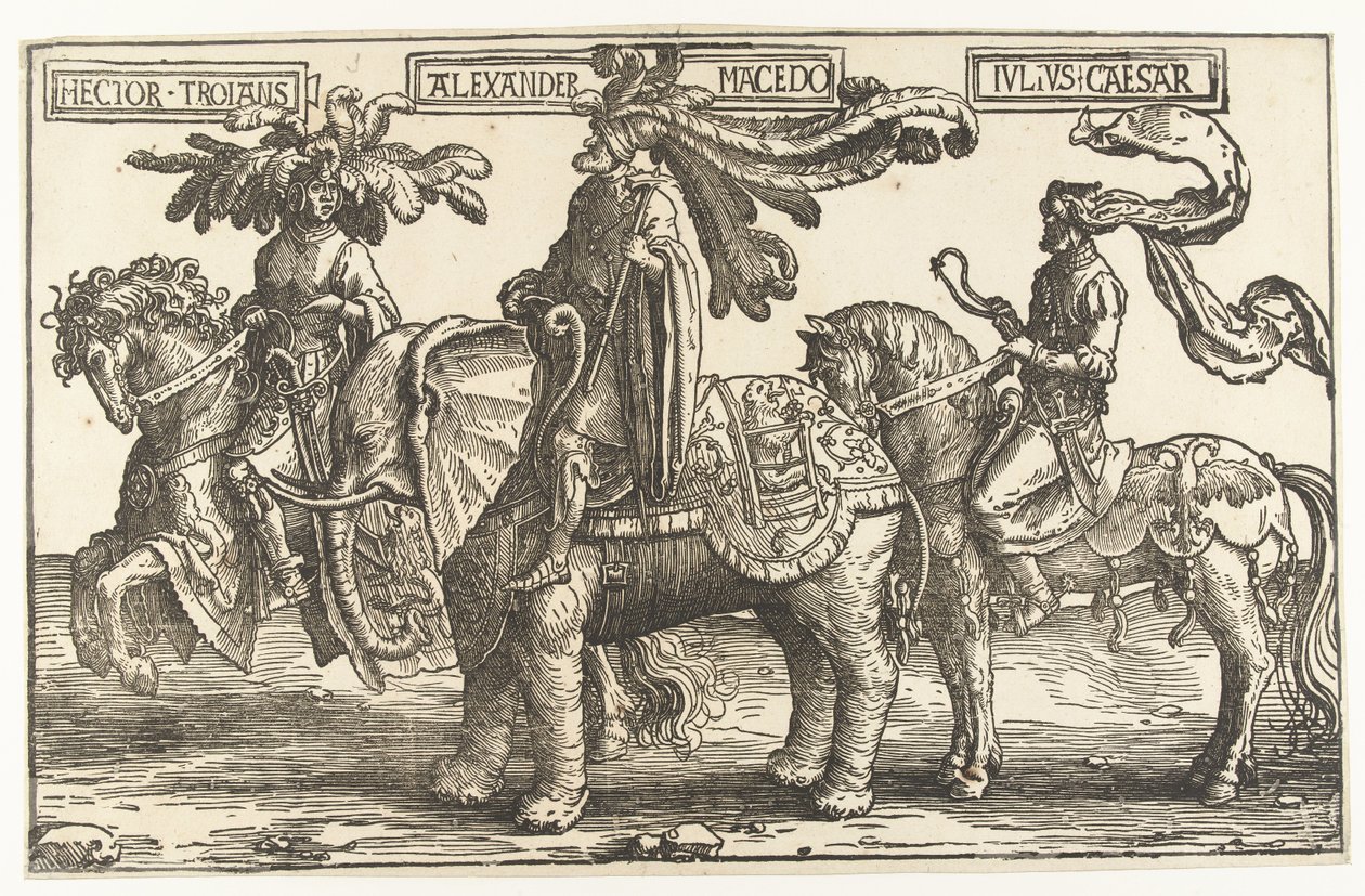 De helden Hector van Troje, Alexander de Grote en Julius Caesar door Lucas van Leyden