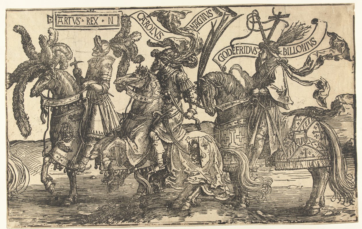 De helden Koning Arthur, Karel de Grote en Godfried van Bouillon door Lucas van Leyden