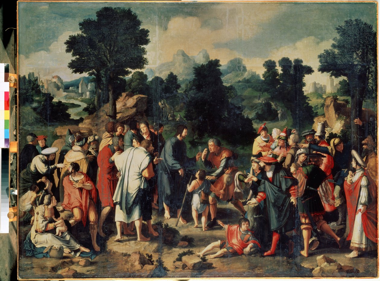 De genezing van de blinde van Jericho (middenpaneel) door Lucas van Leyden