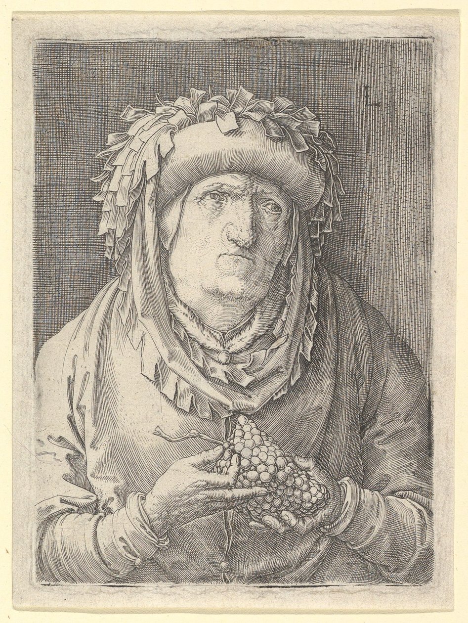 Oude vrouw met druiven, ca. 1523 door Lucas van Leyden
