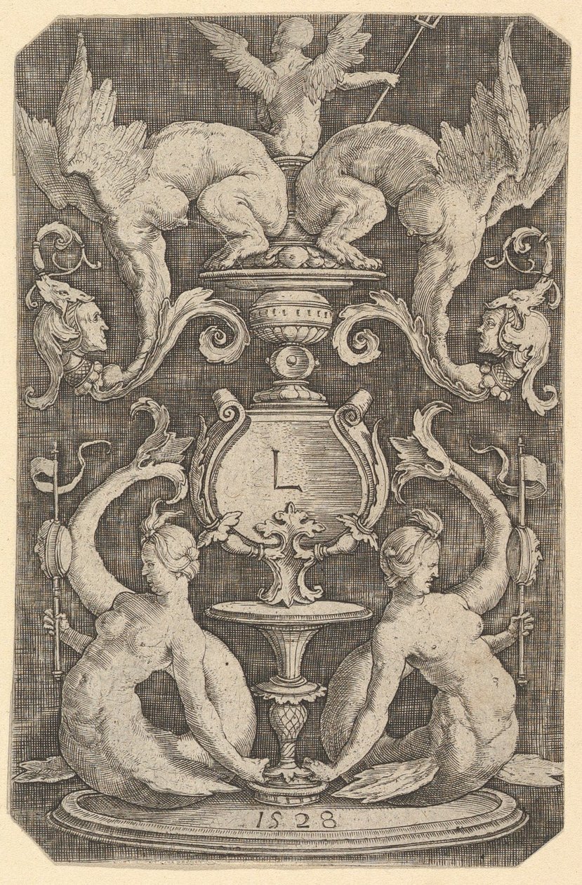 Paneel van ornament met twee sirenen, 1528 door Lucas van Leyden