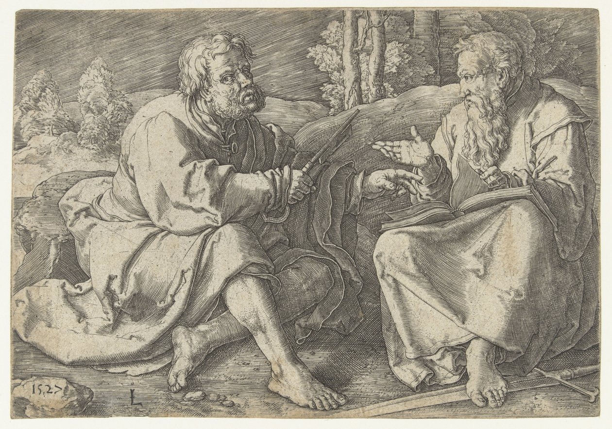 Paulus en Petrus zittend in een landschap door Lucas van Leyden