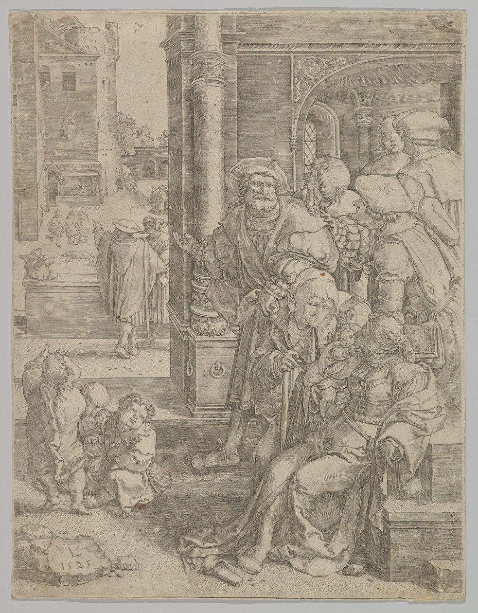 Dichter Vergilius opgehangen in een mand door Lucas van Leyden