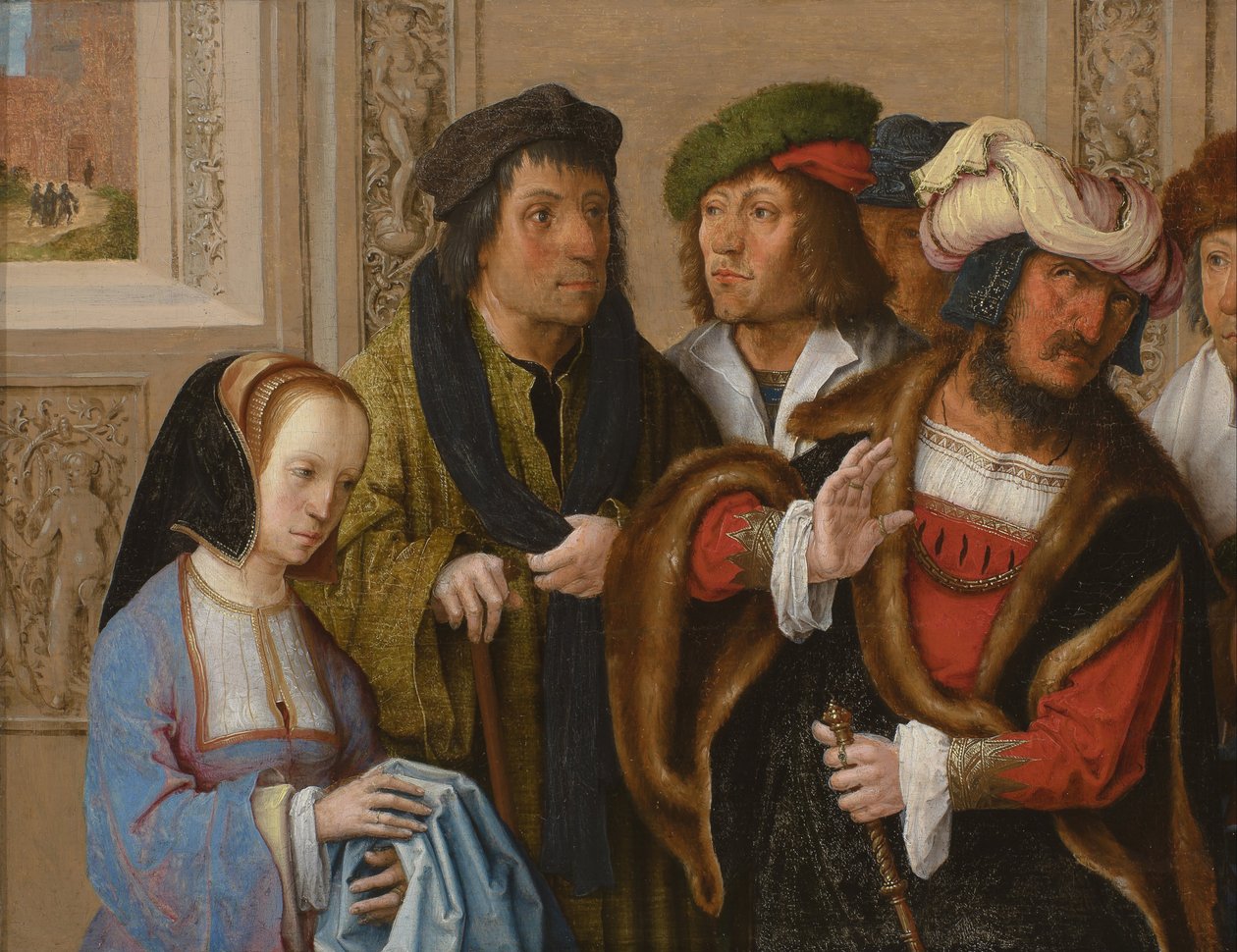 Potifars vrouw toont haar man Jozefs mantel. Op de achtergrond: Jozef wordt naar de gevangenis gebracht door Lucas van Leyden