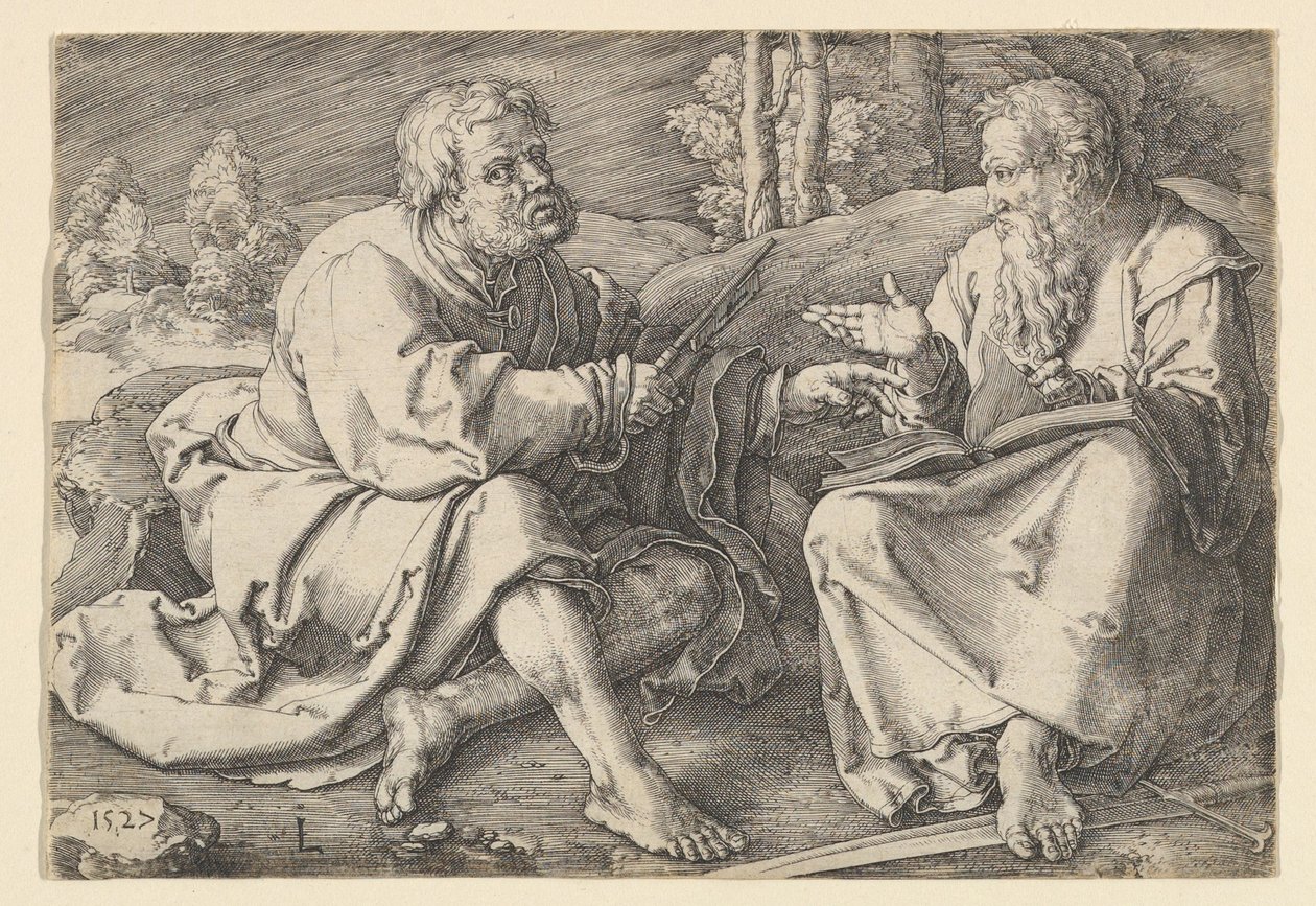 St. Petrus en Paulus zittend in een landschap door Lucas van Leyden