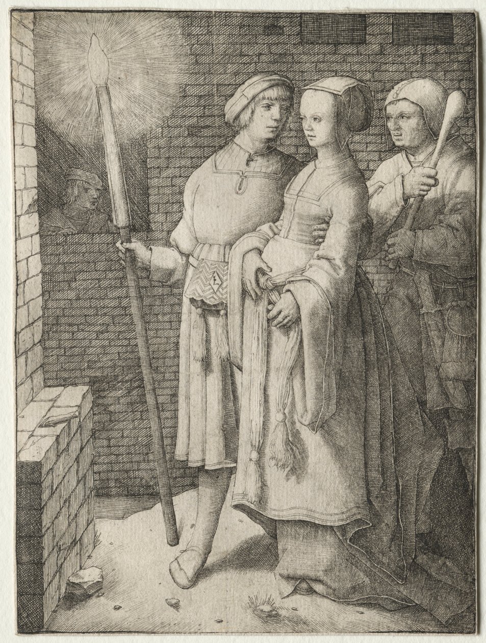 De man met de fakkel en een vrouw gevolgd door een dwaas, c. 1508 door Lucas van Leyden